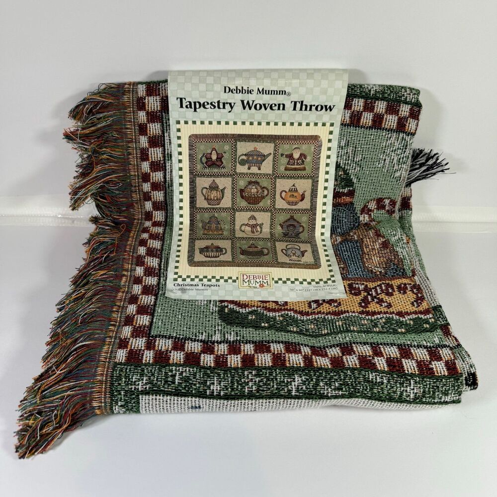 Debbie Mumm Tapestry Woven Throw Blanket 50"x60"Christmas Teapots XMAS BRAND NEW